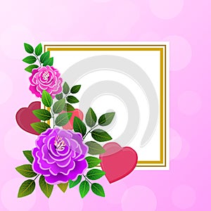 Floral postcard with hearts and flowers and a blank central space, allusive to the theme of romance and Valentine`s Day. Illustrat