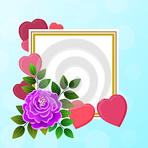 Floral postcard with hearts and flowers and a blank central space, allusive to the theme of romance and Valentine`s Day. Illustrat