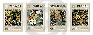 Floral posters. Abstract flower modern art, retro botanical market background, vintage matisse print. Hand drawn floral
