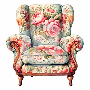 Floral Print Armchair: Realistic Watercolor Style, Retro Vintage Design