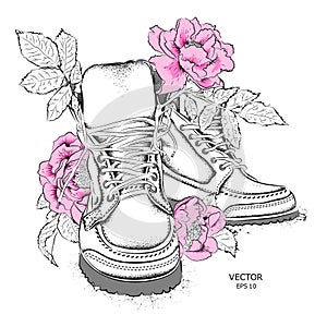 Floral print for clothes. Floral print design with stylish leather boots. Greeting card. Vector illustration.