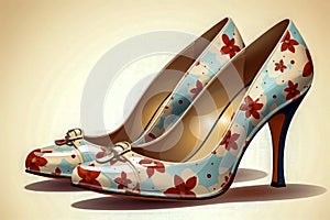 Floral Print Red and White High Heel Sandals with Bows