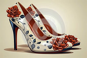 Floral Print Red and White High Heel Sandals with Bows