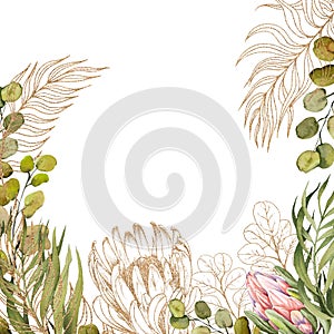 Floral proteas, eucalyptus and palm leaves frame on white background.