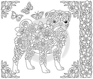 Floral pug dog. Adult coloring book page