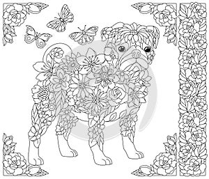 Floral pug dog coloring book page
