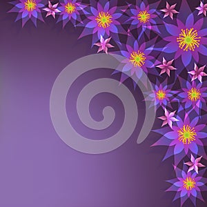 Floral purple background, greeting card with flowe