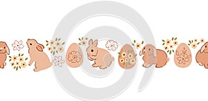 Floral rabbit bunny easter seamless border, cute hand drawn baby rabbits in pastel beige color repeat banner