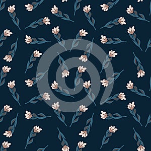 Floral random seamless pattern with little vintage simple flower silhouettes. Dark navy blue background