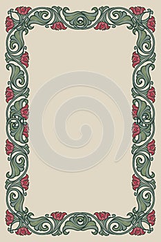 Floral rectangular frame. Fairy tale style decorative border. Vertical orientation. Vintage color palette.