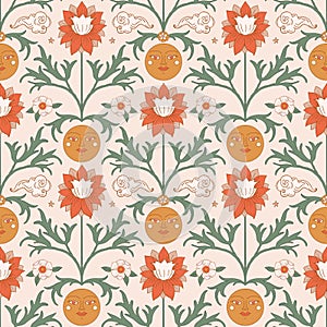 Floral retro boho pattern. Flower Power. Hippie pattern of the sixties. Summer flowers pattern. Boho style design.