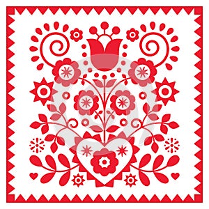 Floral retro folk art vector design in square frame from Nowy Sacz in Poland inspired by traditional highlanders embroidery Lachy