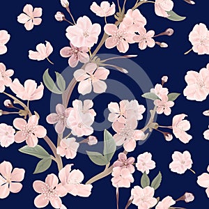 Floral retro seamless pattern, cherry or sakura flowers background, pastel vintage illustration