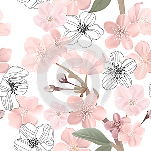 Floral retro seamless pattern, cherry or sakura flowers background, pastel vintage illustration