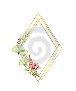 Floral rhomb frame with golden foil, freesia flowers and place for text. Vertical composition isolated on white photo