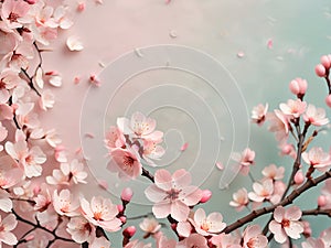 Floral ring background of pink cherry blossom branches. Space for text.