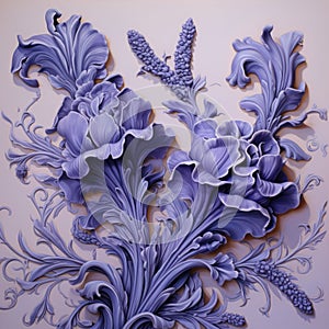 Floral Rocaille: Hyper-detailed Sculptural Paintings In Violet And Blue photo