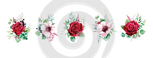 Floral romantic bouquets for wedding invite or greeting card. Red rose and Anemone flower, Greenery leaves. element set.