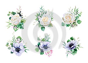 Floral romantic bouquets for wedding invite or greeting card. White Rose and Anemone flower, Greenery leaves. element set.