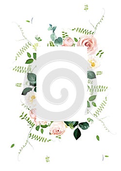 Floral rose garden vector frame. Hand painted plants, branches, leaves on a white background