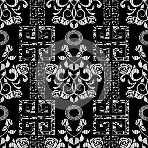 Floral roses seamless pattern. Black vector vintage background.