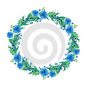 Floral round empty frame flat vector template.