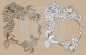 Floral round frame with bird linear black and white vector drawing. photo