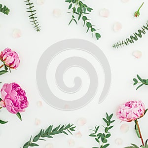 Floral round frame of pink peonies and eucalyptus branches on white background. Flat lay, top view