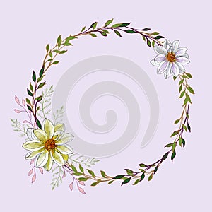 Floral round frame of yellow and white flowers Dahlia