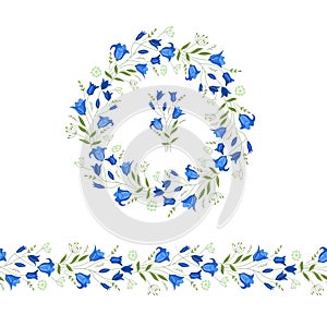 Floral round garland and endless pattern brush made of bluebells.