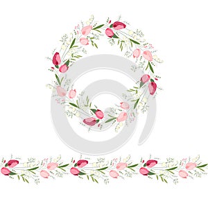 Floral round garland and endless pattern brush made of red and pink tulips.