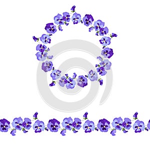 Floral round garland and endless pattern brush made of violas.