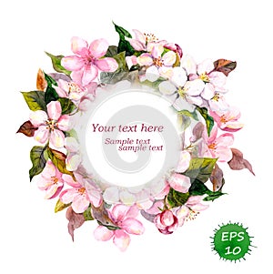 Floral round wreath with pink flowers for elegant vintage and fashion design. Watercolor vector photo