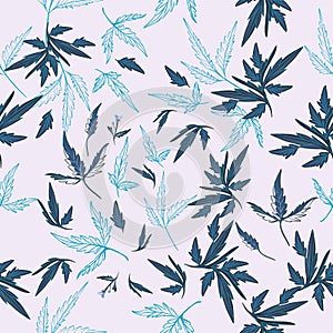 Floral rustic vector pattern with leaves and plants in blue color
