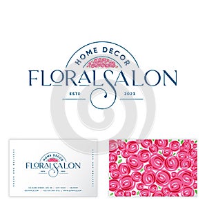 Floral Salon logo and business card with flower pattrern. Pink roses, text and letter S with curl.