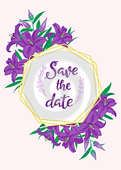 Floral save date card adorned purple lilies against pink background. Elegant invitation design