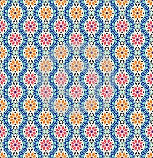 Floral scales pattern classic blue background small orange flower motif seamless Japan style elegant geometric ornament. Modern