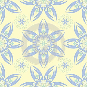 Floral seamless background. Blue and green flower pattern on beige backdrop