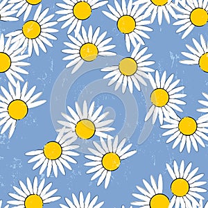 floral seamless background pattern, with abstract flowers, daisies, paint strokes and splashes, on blue