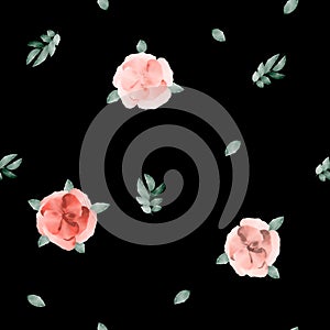 Floral seamless background. Pink and red flowers and petals, green leaves on a black background. Watercolor illustration.