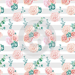 Floral seamless background with roses on a striped white and gray background and eucalyptus