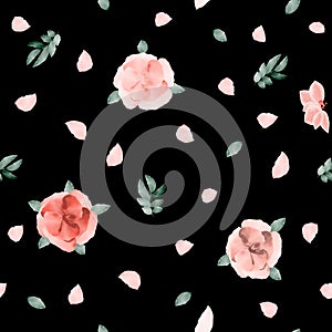 Floral seamless background. Watercolor pink and red flowers and petals  green leaves. Black background.