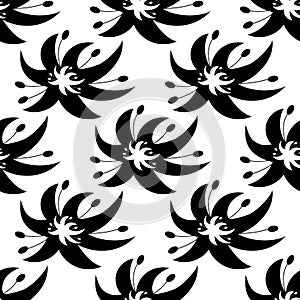 Floral seamless black and white pattern in a flat style. Fantastic hand-drawn abstract flowers similar to lilies