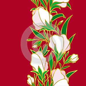 floral seamless border, repeating border of white flowers on a red background with a golden outline, textile, design
