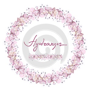 Floral seamless brush and round wreath with softness pink hydrangea flowers with bud on white background.