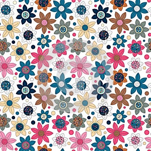 Floral seamless cute pattern simple design. Primitive flowers seamless ornament. Bright flowers om beige background