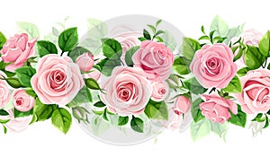 Floral seamless garland with pink roses. Vector horizontal seamless border