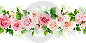 Floral seamless garland with pink and white roses. Vector horizontal seamless border