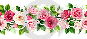 Floral seamless garland with red, pink, and white roses. Vector horizontal seamless border