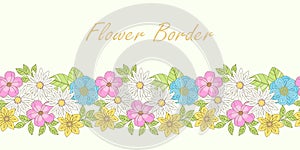 Floral seamless horizontal border, garland of blooming spring flowers, vector illustration